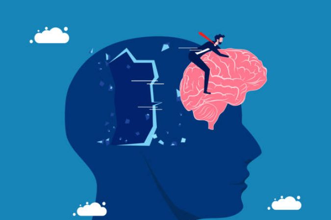 Go out of head. Businessman with brain flying through big head vector