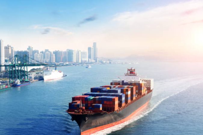 Large cargo container ship arriving in port