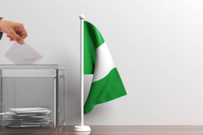 Glass ballot box and a small Nigeria flag. 3d illustration