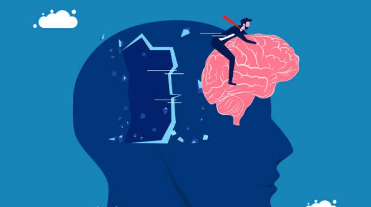 Go out of head. Businessman with brain flying through big head vector